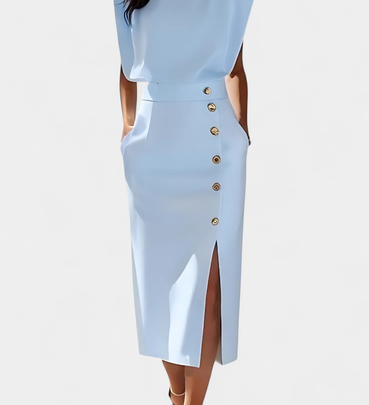 Vestido Midi Ceecee con Mangas Largas y Botones Decorativos