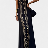Vestido Largo Dulce con Espalda Abierta y Estampado Dorado