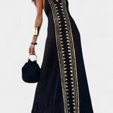 Vestido Largo Dulce con Espalda Abierta y Estampado Dorado