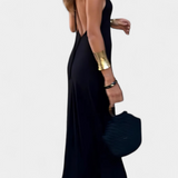 Vestido Largo Dulce con Espalda Abierta y Estampado Dorado