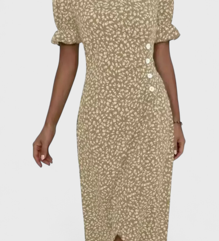 Vestido Midi Floral Joana con Escote en V y Mangas Cortas