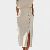 Vestido Midi Ceecee con Mangas Largas y Botones Decorativos