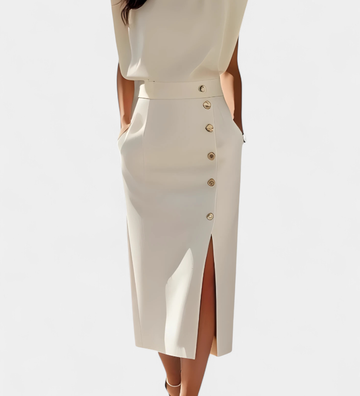 Vestido Midi Ceecee con Mangas Largas y Botones Decorativos