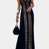 Vestido Largo Dulce con Espalda Abierta y Estampado Dorado