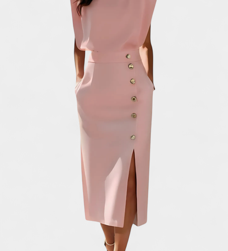 Vestido Midi Ceecee con Mangas Largas y Botones Decorativos