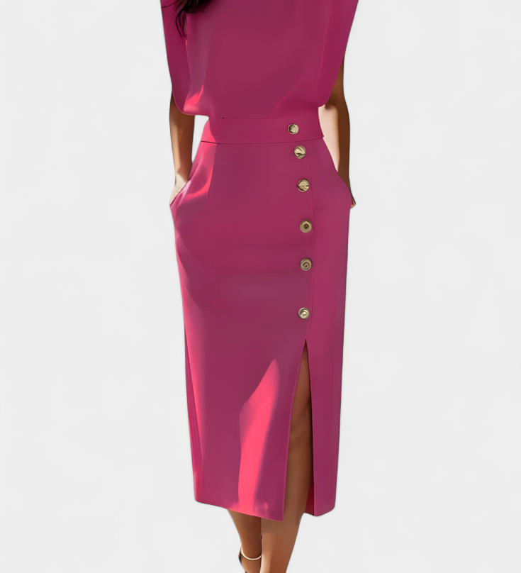 Vestido Midi Ceecee con Mangas Largas y Botones Decorativos