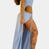 Vestido Teuta Sin Tirantes con Lazo Lateral y Alta Abertura