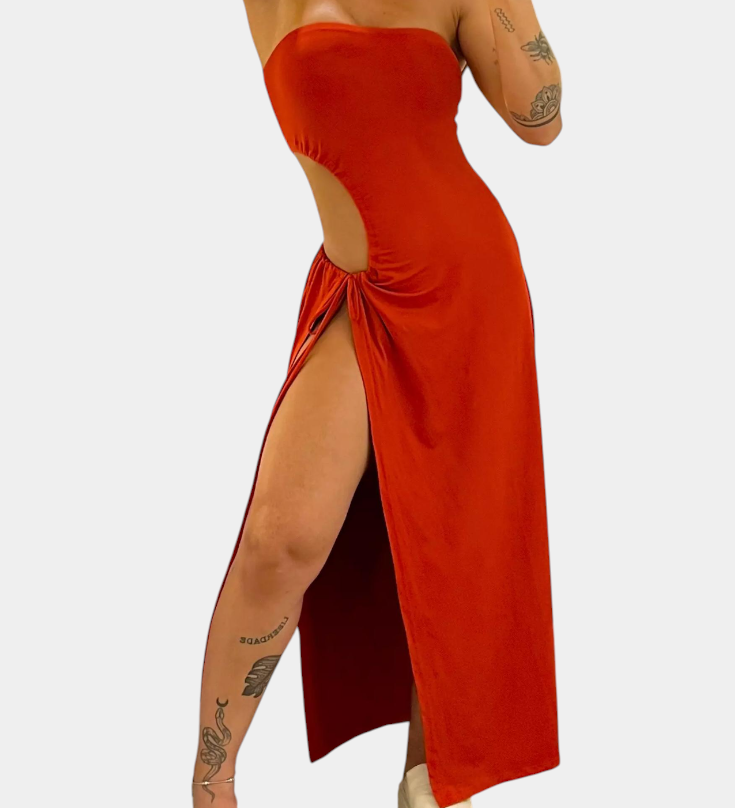 Vestido Teuta Sin Tirantes con Lazo Lateral y Alta Abertura