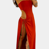 Vestido Teuta Sin Tirantes con Lazo Lateral y Alta Abertura