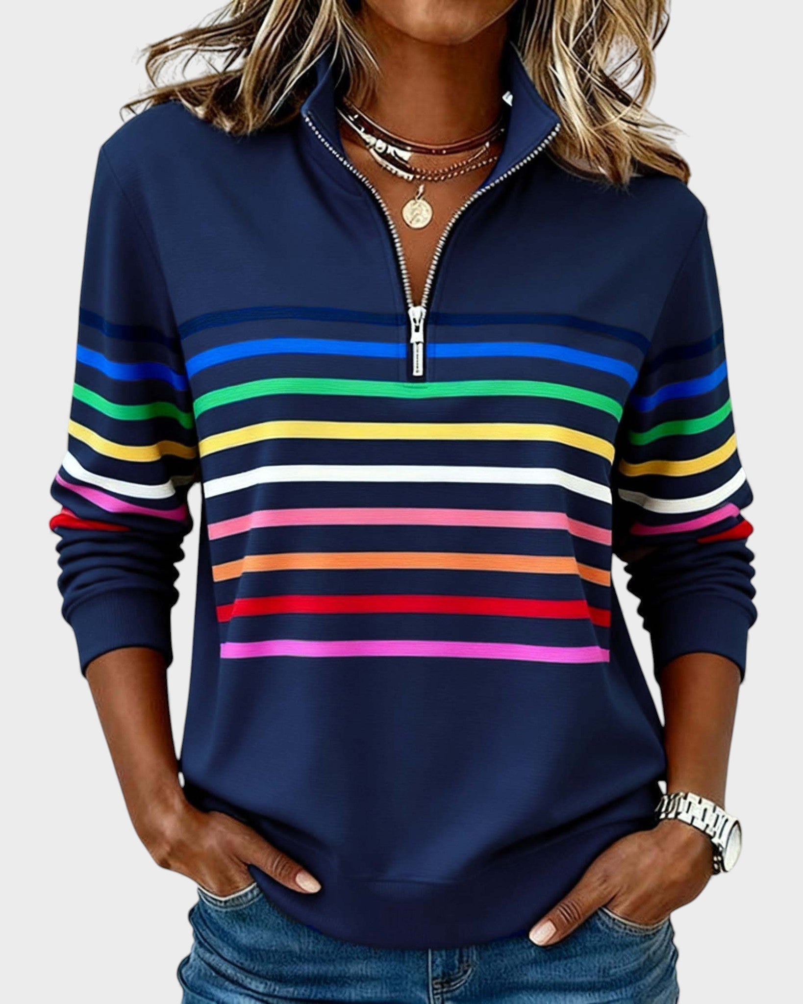 Raquel™ | Sudadera de rayas con media cremallera