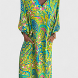 Vestido Maxi Bohemio Carmina con Escote en V y Estampado Abstracto