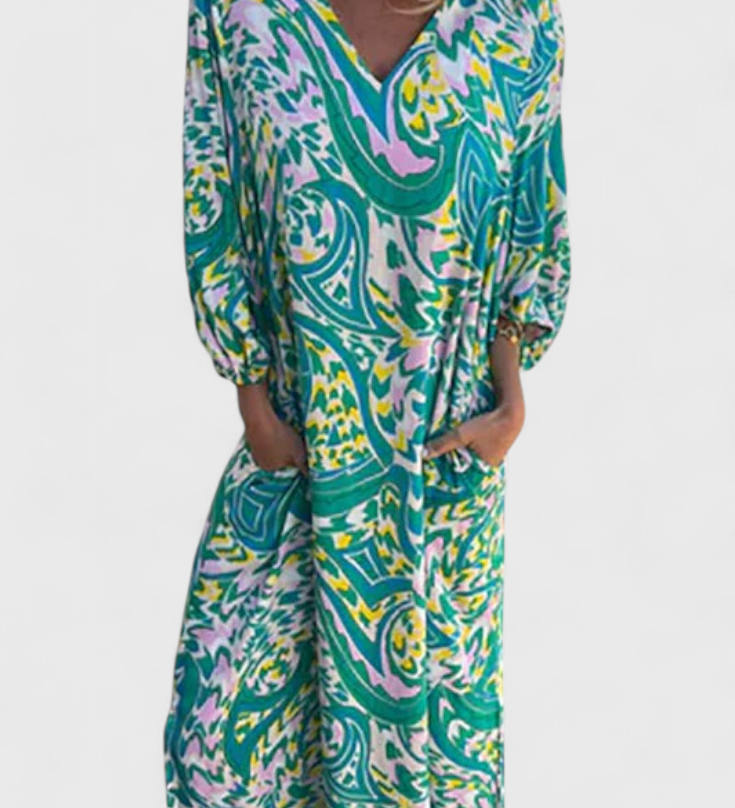 Vestido Maxi Bohemio Carmina con Escote en V y Estampado Abstracto