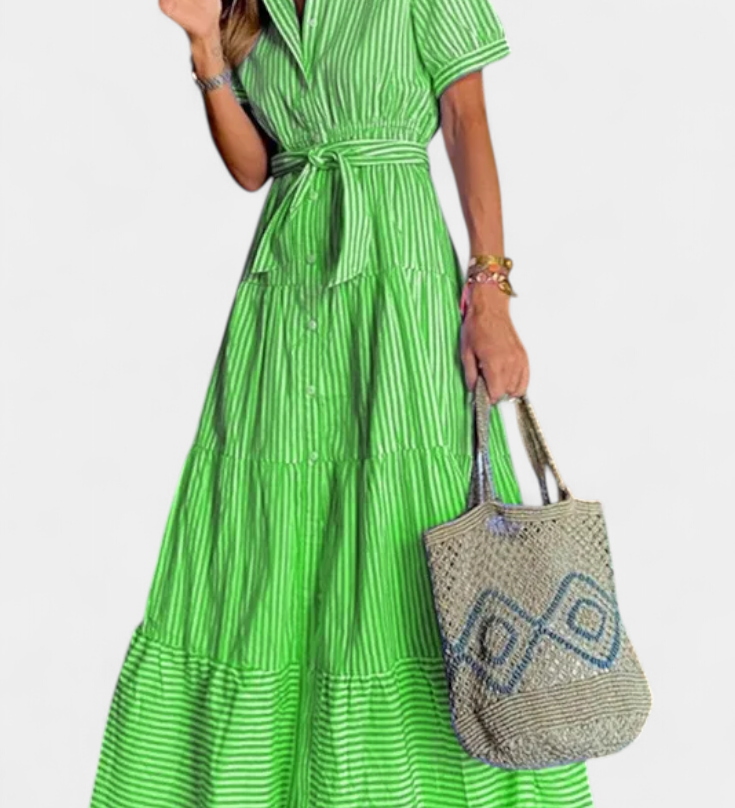 Vestido Camisero Largo Rayado Maya con Cinturón