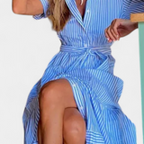 Vestido Camisero Largo Rayado Maya con Cinturón