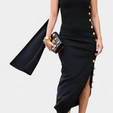 Vestido Asimétrico Afrodita con Botones Decorativos de Oro