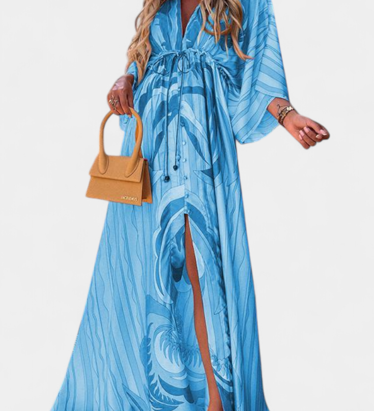 Vestido Maxi Joelle Arcoíris con Escote en V y Mangas Murciélago