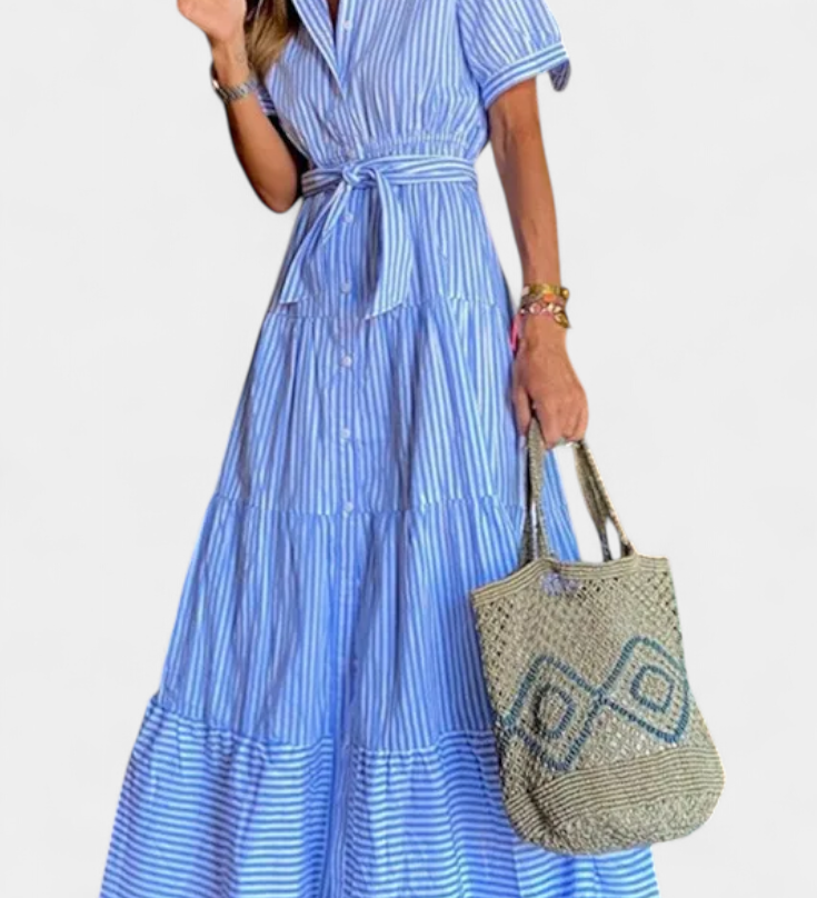 Vestido Camisero Largo Rayado Maya con Cinturón