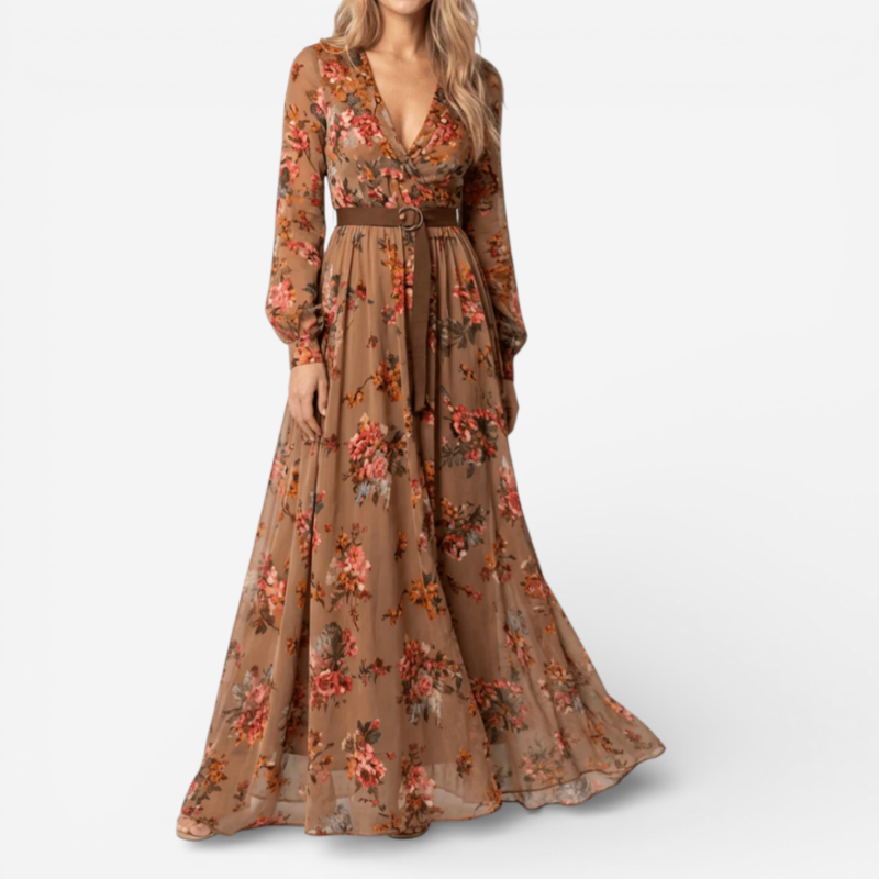 Lucía™ | Vestido maxi de manga larga con cinturón