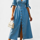 Vestido Midi Adelina de Denim con Botones y Escote en V
