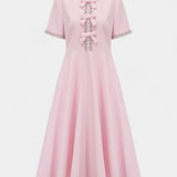 Vestido Midi Acampanado Linda con Lazo de Cristal y Detalles Elegantes