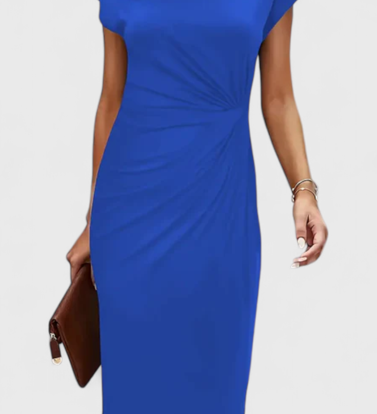 Vestido Midi Atemporal Katrina con Cuello Redondo y Detalle Drapado