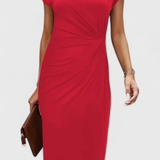 Vestido Midi Atemporal Katrina con Cuello Redondo y Detalle Drapado