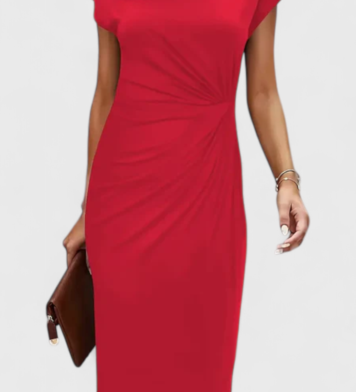 Vestido Midi Atemporal Katrina con Cuello Redondo y Detalle Drapado