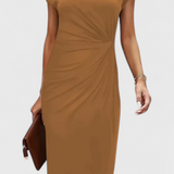 Vestido Midi Atemporal Katrina con Cuello Redondo y Detalle Drapado