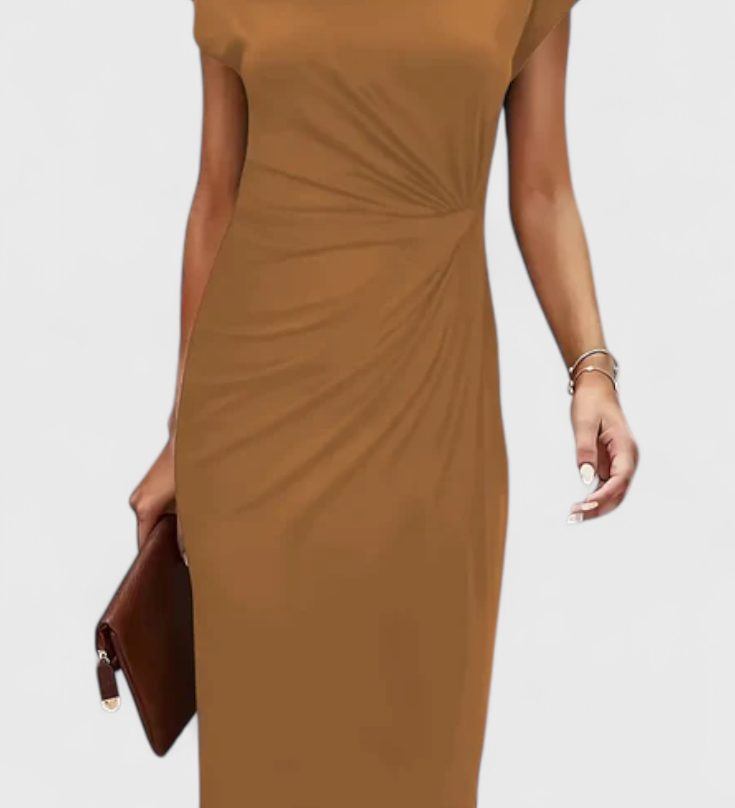 Vestido Midi Atemporal Katrina con Cuello Redondo y Detalle Drapado
