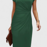 Vestido Midi Atemporal Katrina con Cuello Redondo y Detalle Drapado