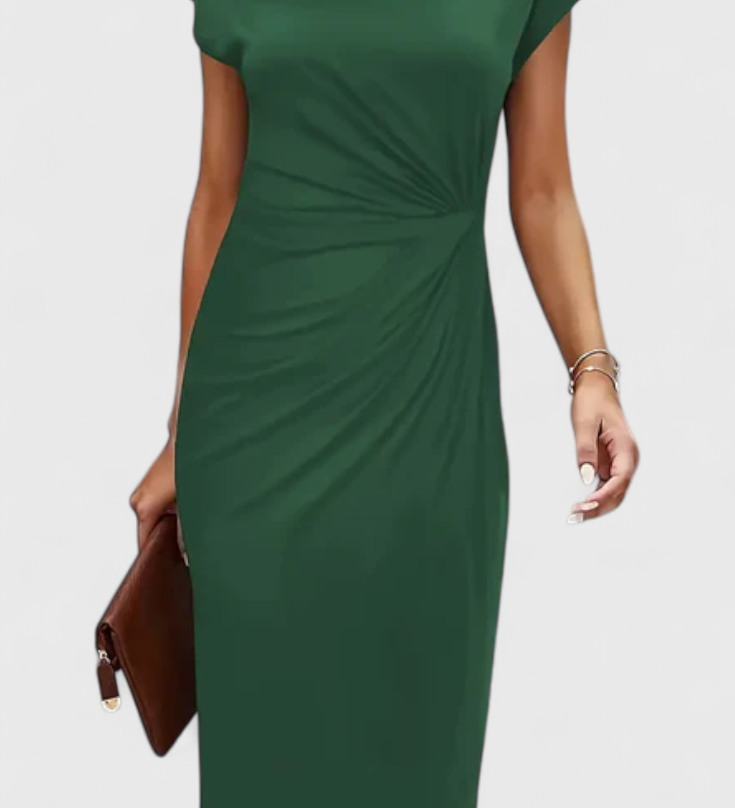 Vestido Midi Atemporal Katrina con Cuello Redondo y Detalle Drapado