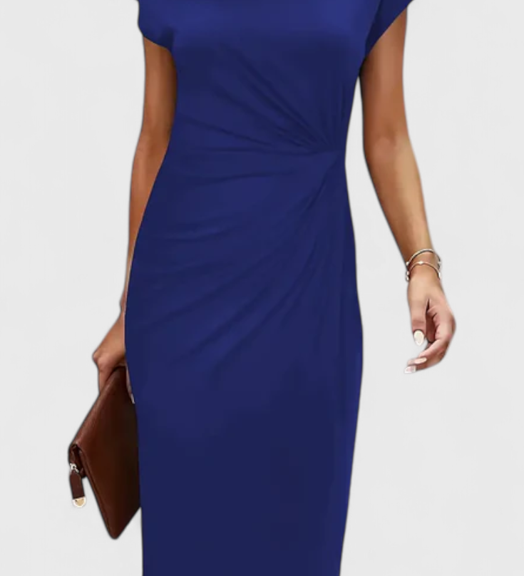 Vestido Midi Atemporal Katrina con Cuello Redondo y Detalle Drapado