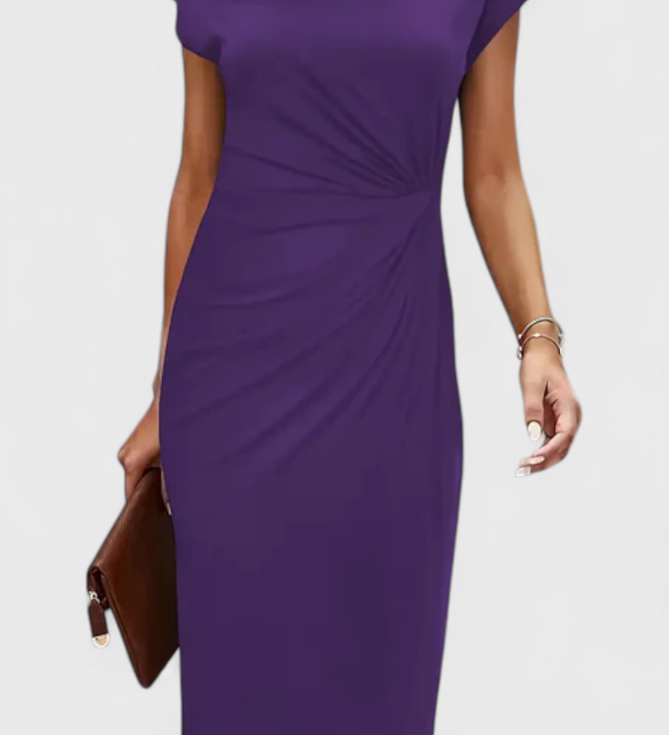 Vestido Midi Atemporal Katrina con Cuello Redondo y Detalle Drapado