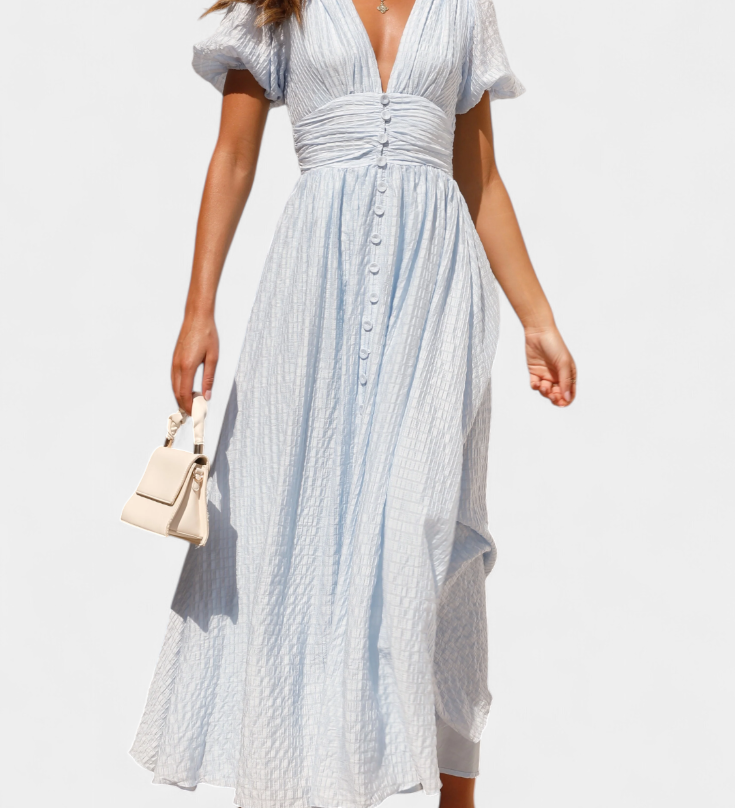 Vestido Maxi Mélia con Escote en V y Mangas Abullonadas