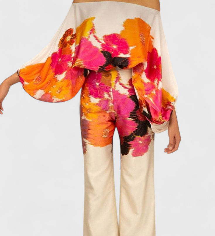 Sybella Conjunto Estampado de Dos Piezas con Pantalones de Pierna Ancha