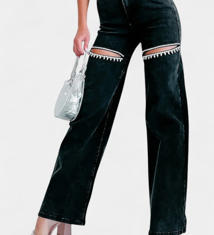 Evian Jeans Ripped Straight-Leg con Rhinestones
