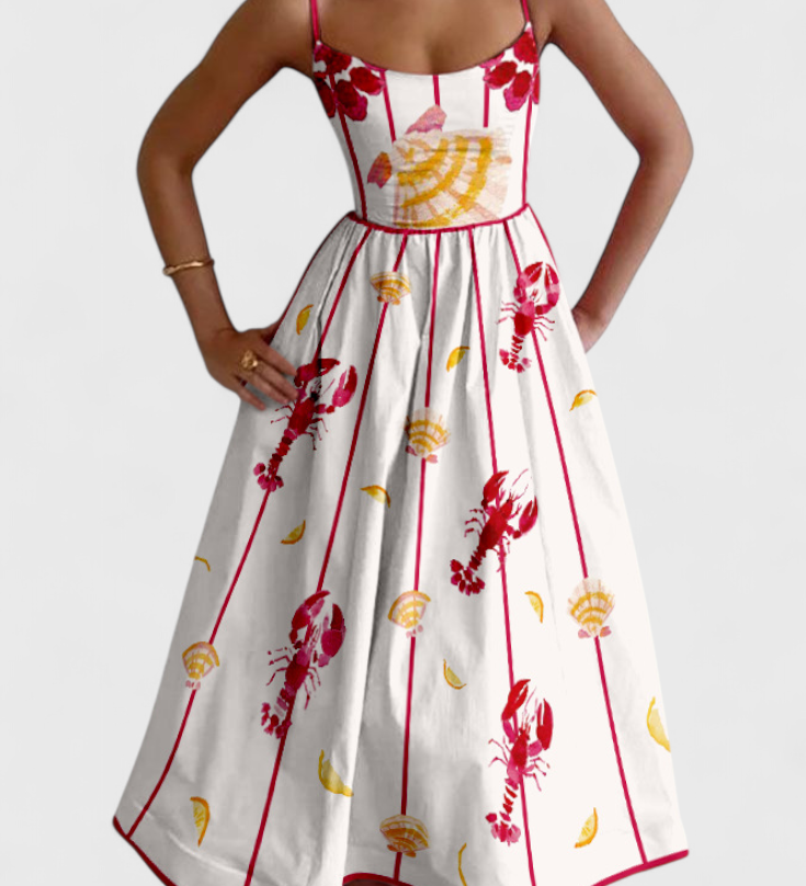 Vestido Vintage Maricela con Tirantes y Estampado de Sardinas