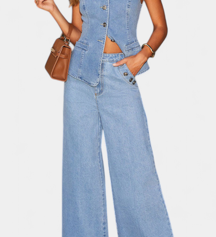 Ludovica Conjunto de Denim con Chaleco Ajustado y Jeans de Pierna Ancha