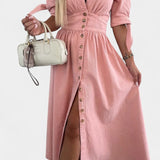 Vestido Midi Adelina de Denim con Botones y Escote en V