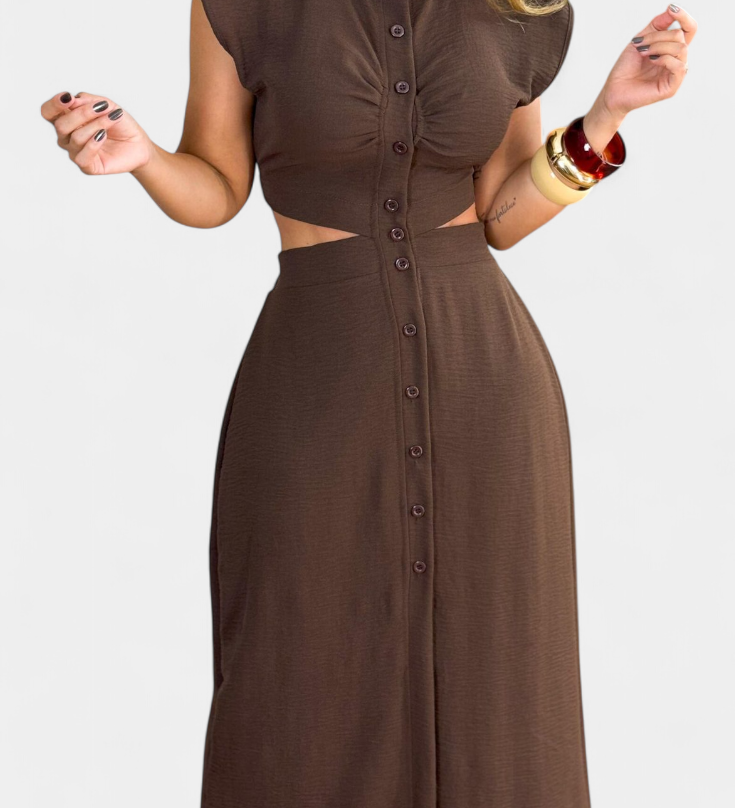 Vestido Midi Griselda con Botones y Cintura Abierta