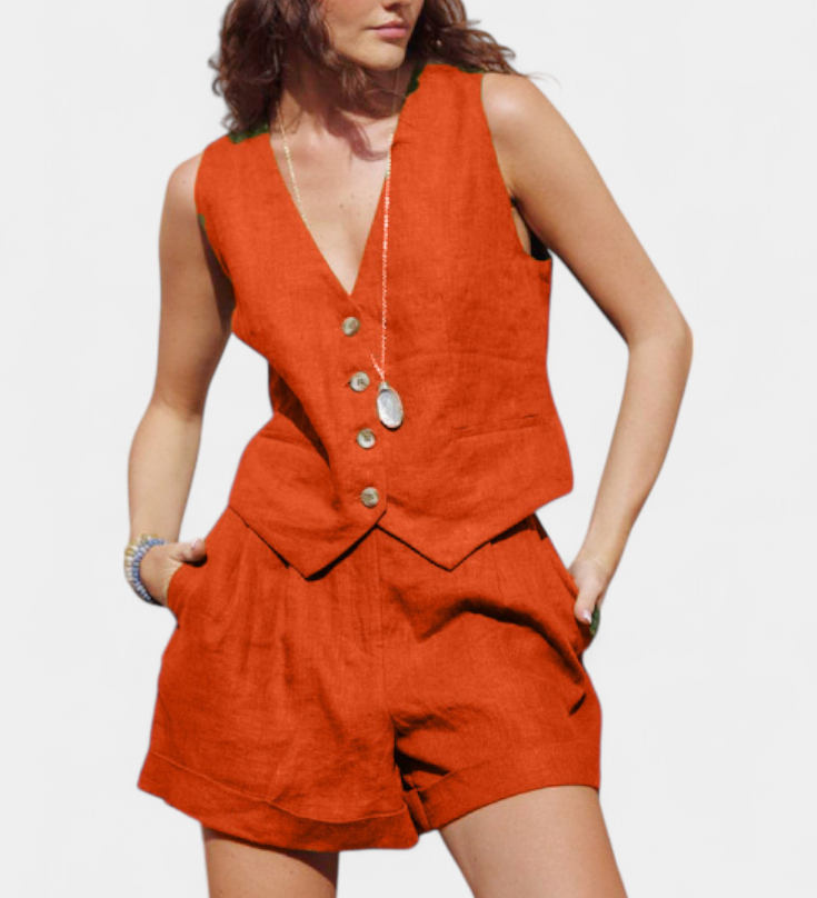 Jennifer Conjunto Chaleco y Pantalones Cortos de Lino Algodón