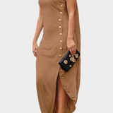 Vestido Asimétrico Afrodita con Botones Decorativos de Oro