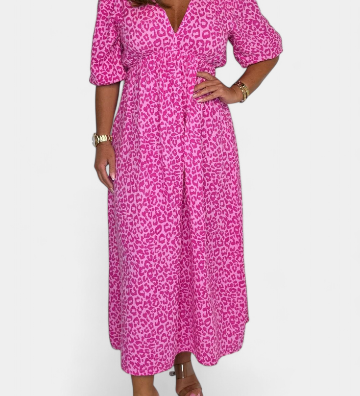 Vestido Midi Ercilia con Estampado Vibrante y Mangas Abullonadas