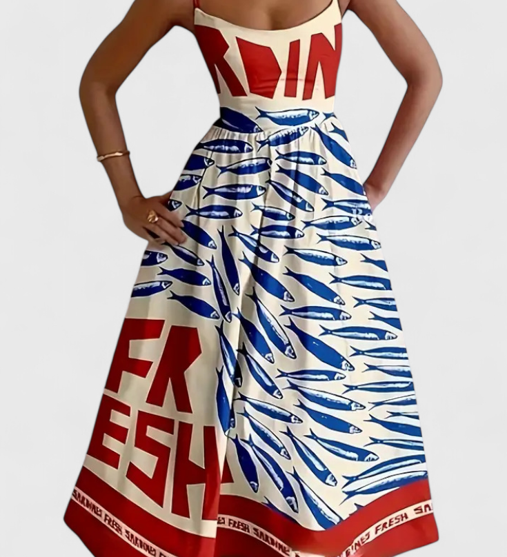 Vestido Vintage Maricela con Tirantes y Estampado de Sardinas