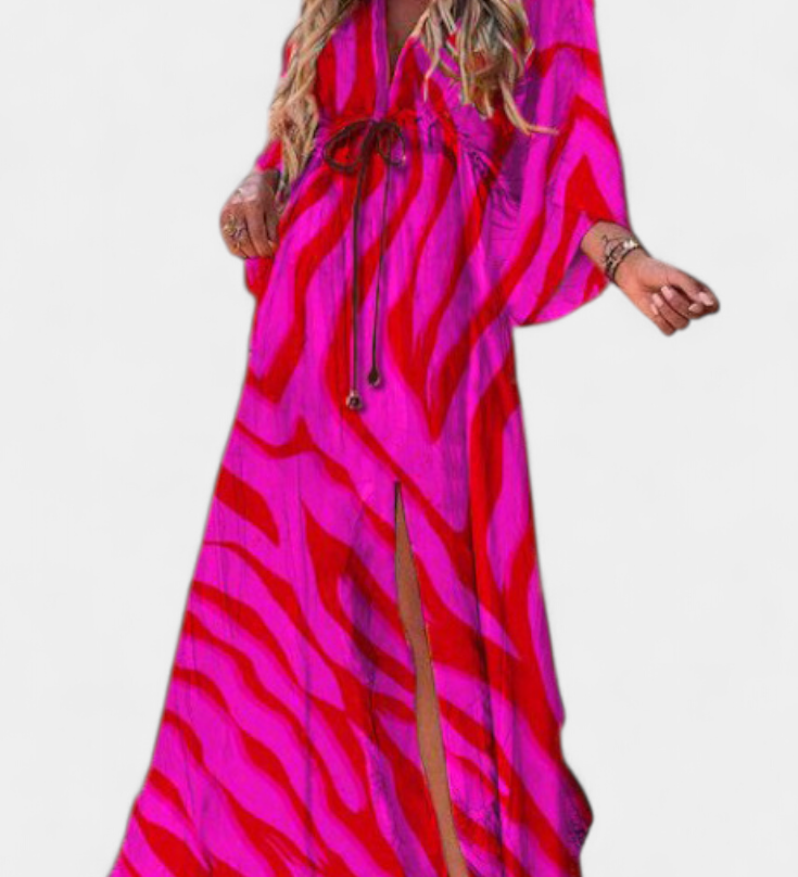Vestido Maxi Joelle Arcoíris con Escote en V y Mangas Murciélago
