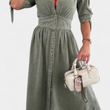 Vestido Midi Adelina de Denim con Botones y Escote en V