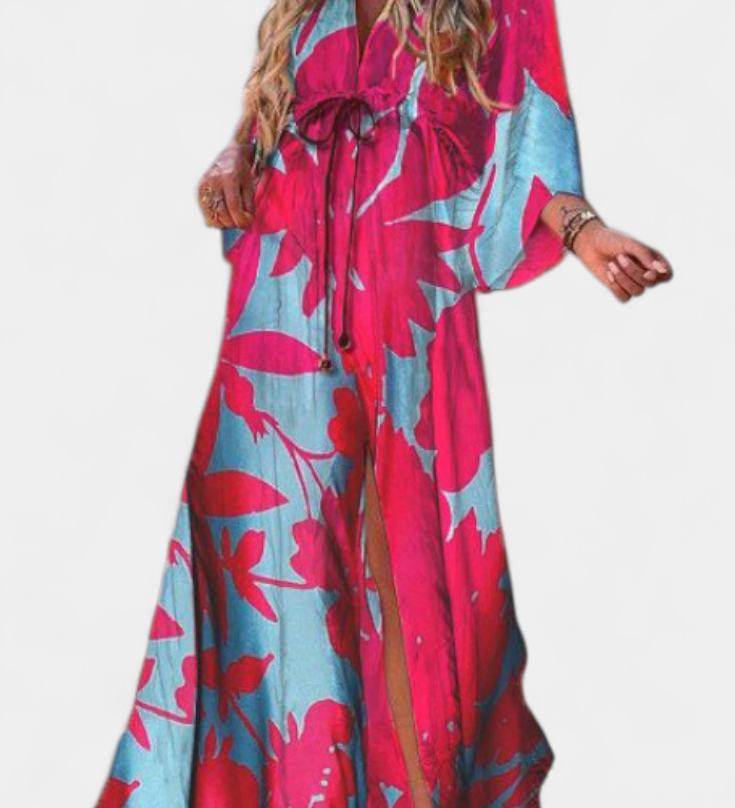 Vestido Maxi Joelle Arcoíris con Escote en V y Mangas Murciélago