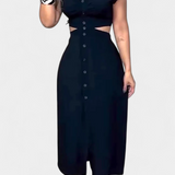 Vestido Midi Griselda con Botones y Cintura Abierta