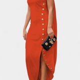 Vestido Asimétrico Afrodita con Botones Decorativos de Oro