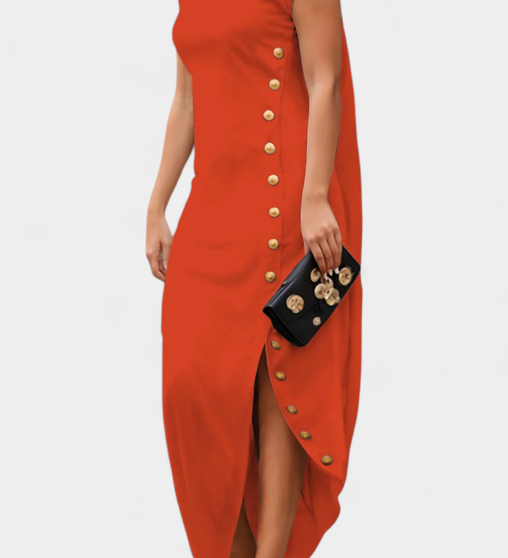 Vestido Asimétrico Afrodita con Botones Decorativos de Oro